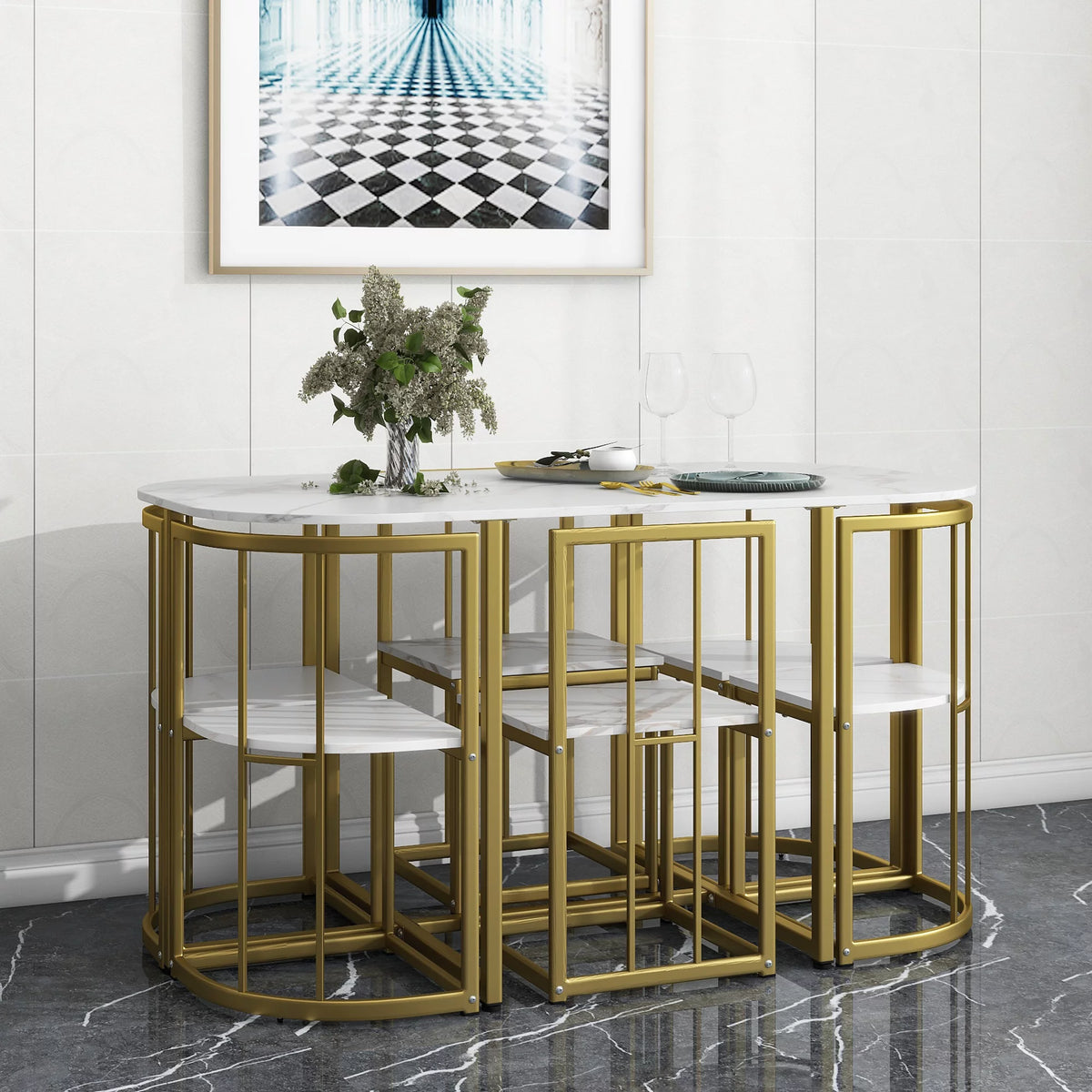 7-Piece Faux Marble Dining Table Set B938682