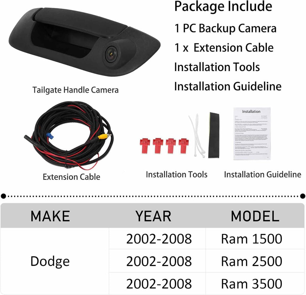 Tailgate Handle Backup Camera for Dodge Ram 1500 2500 3500 (2002-2008) Rear View Reverse Parking Camera with Optional Guideline RCA Connector (Black) Y8851