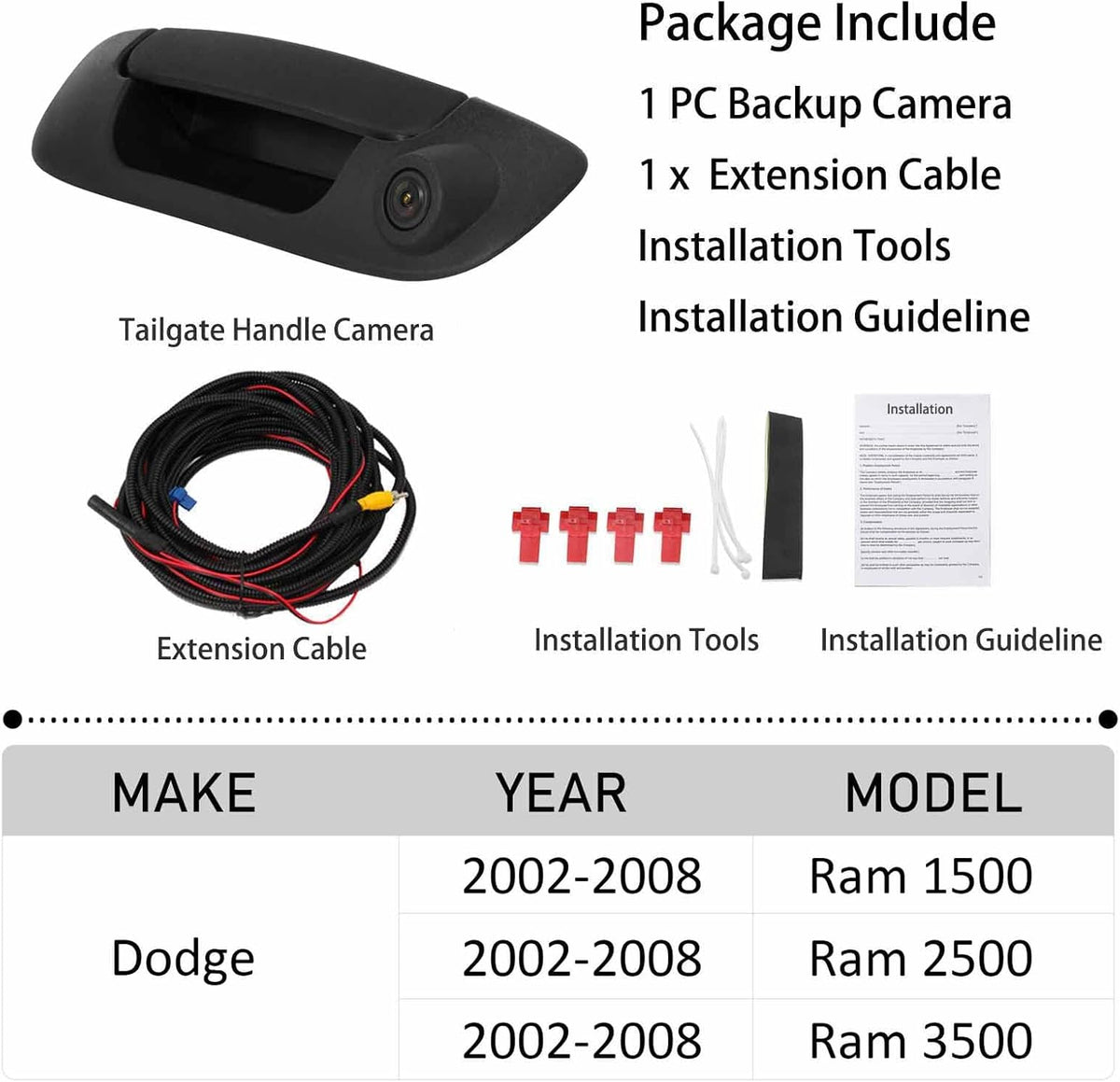 Tailgate Handle Backup Camera for Dodge Ram 1500 2500 3500 (2002-2008) Rear View Reverse Parking Camera with Optional Guideline RCA Connector (Black) Y8851