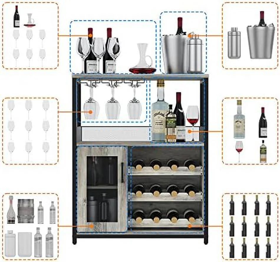 Wine Cabinet with Detachable Rack Glass Holder Grey R17643