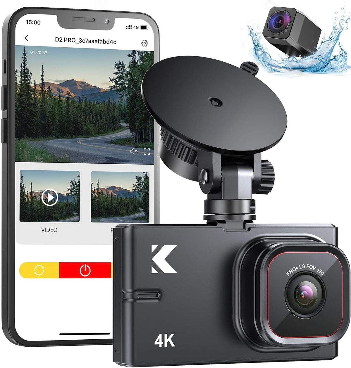 4K Front and Rear Dual Dash Cam with WiFi, Night Vision, Black Z671088