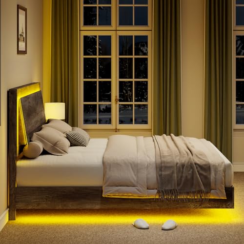 Rustic Grey Full Size Platform Bed Frame with Headboard and LED Light P580464