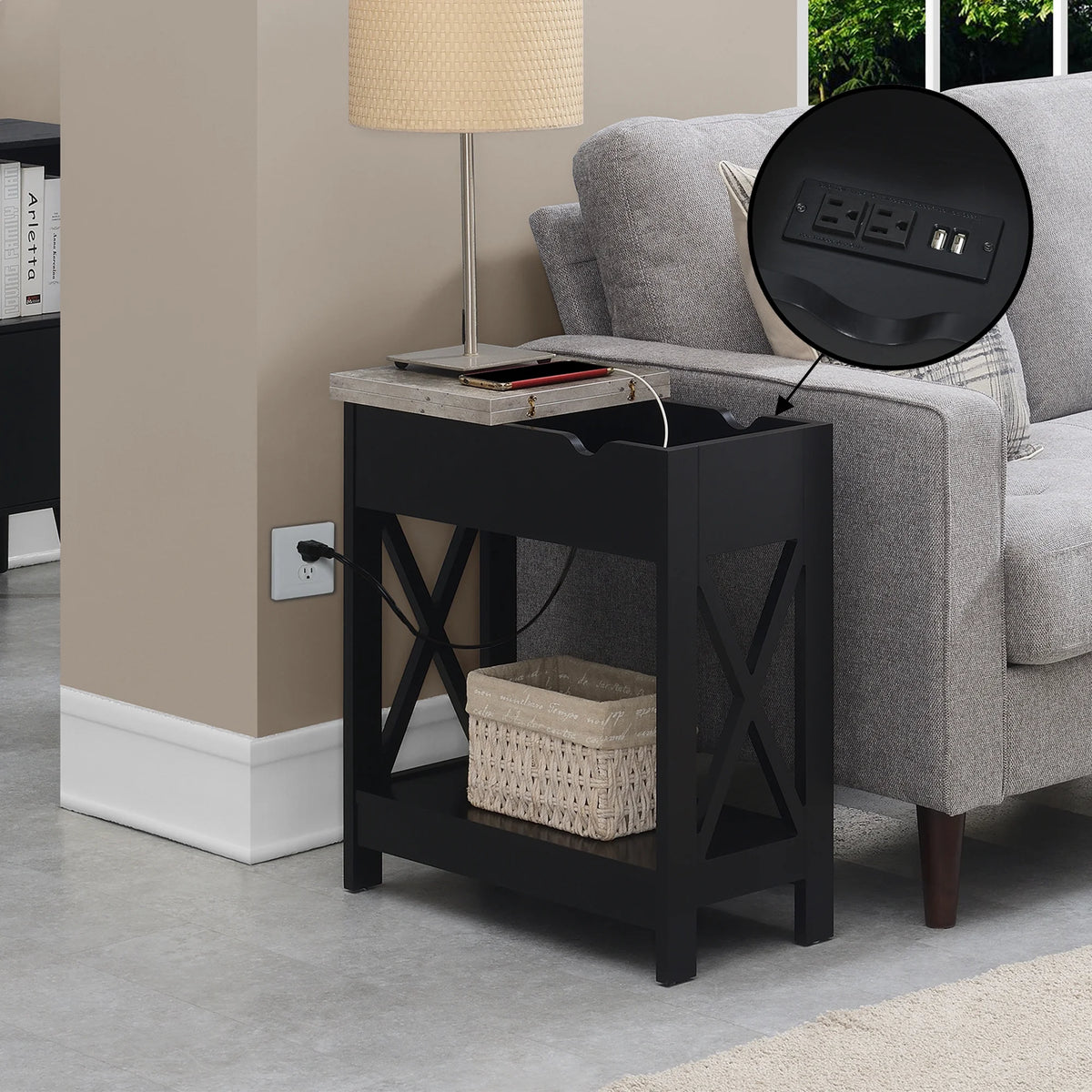 Flip Top End Table with Charging Station and Shelf Z2104