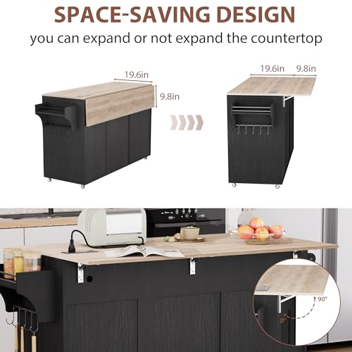 Kitchen Island on Wheels with Storage, Drop Leaf, Power Outlet, Trash Can Storage, Spice Rack, Towel Rack, Drawers N303555