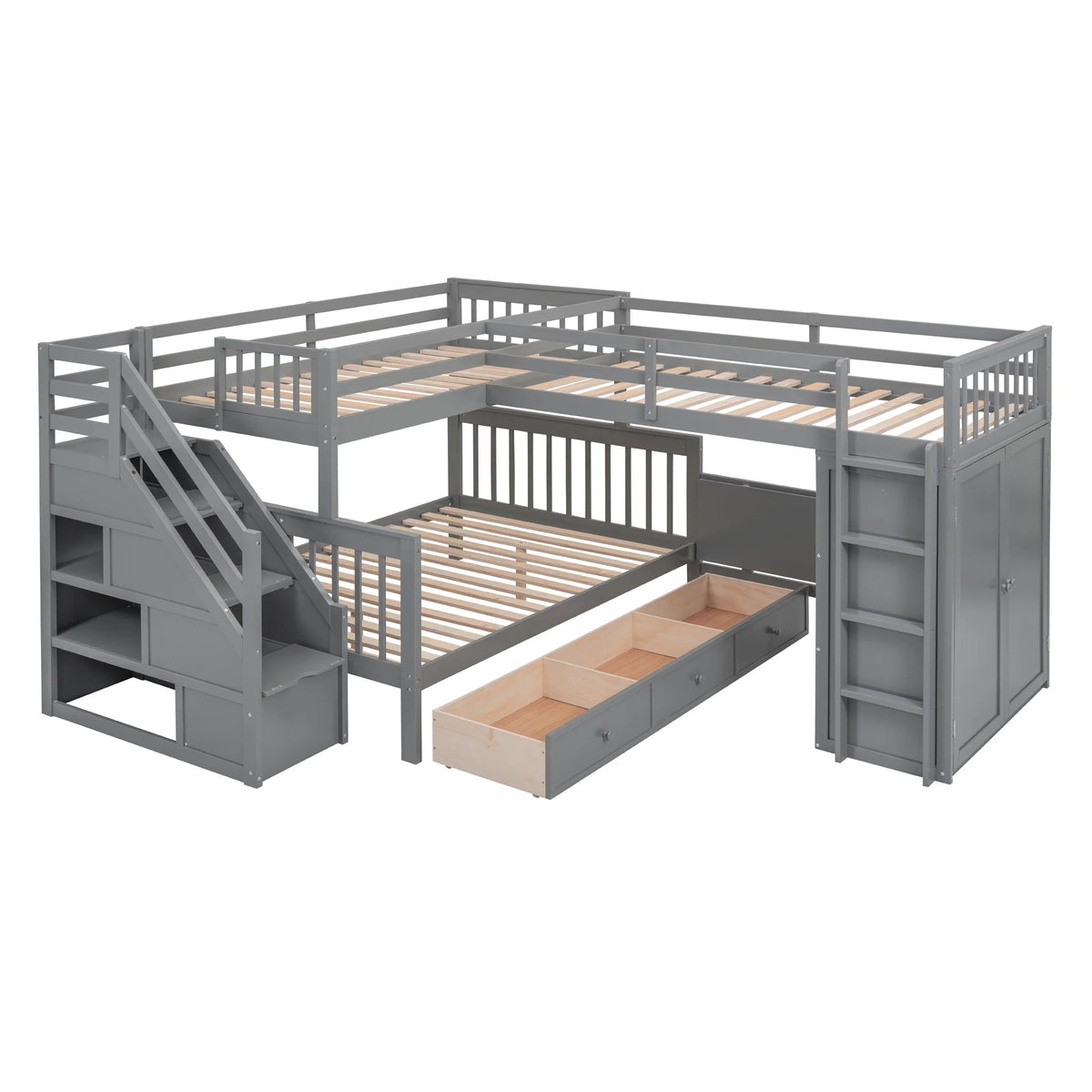 Twin-Twin Over Full L-Shaped Bunk Bed with Wardrobe and Desk V8778