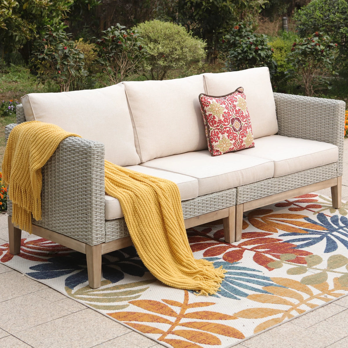 5 Pieces Wicker Patio Conversation Set with Acacia Wood Frame T329