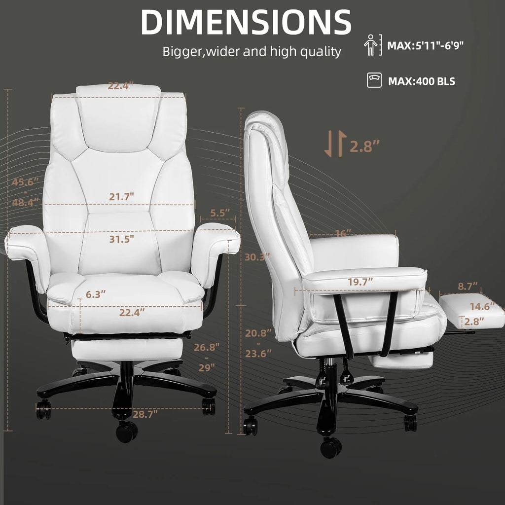 White Ergonomic PU Leather Reclining Office Chair with Footrest K197