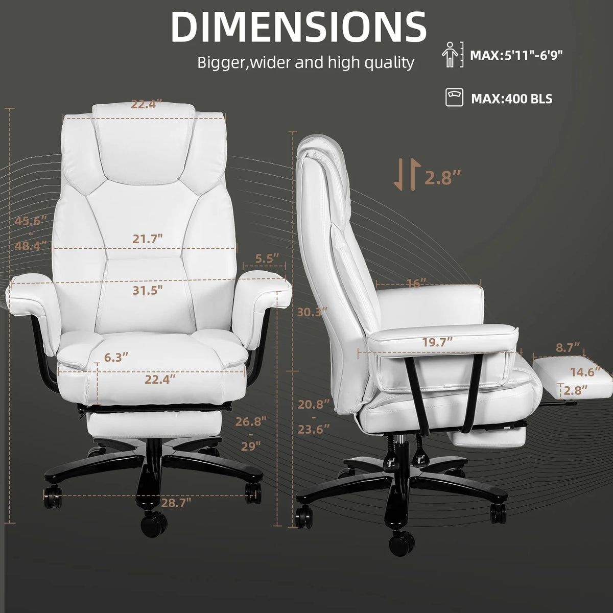 White Ergonomic PU Leather Reclining Office Chair with Footrest K197