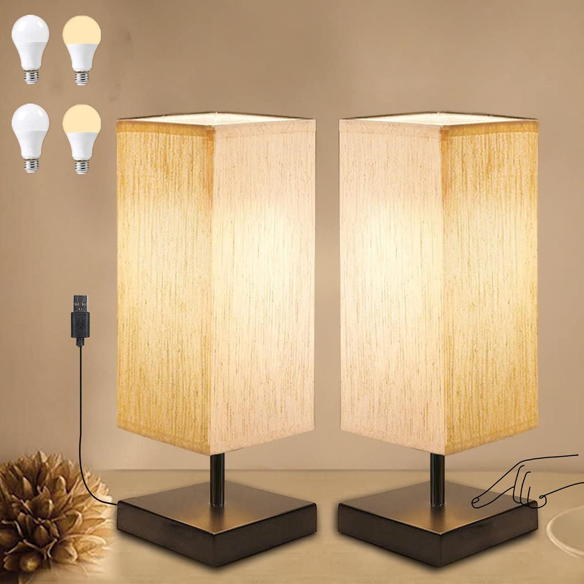 Touch Sensor Bedside Lamp Set of 2, Dimmable Table Lamp with Square Linen Fabric Shade, 4 LED Bulbs Included, Low Voltage Minimalist Nightstand Lamp M212514