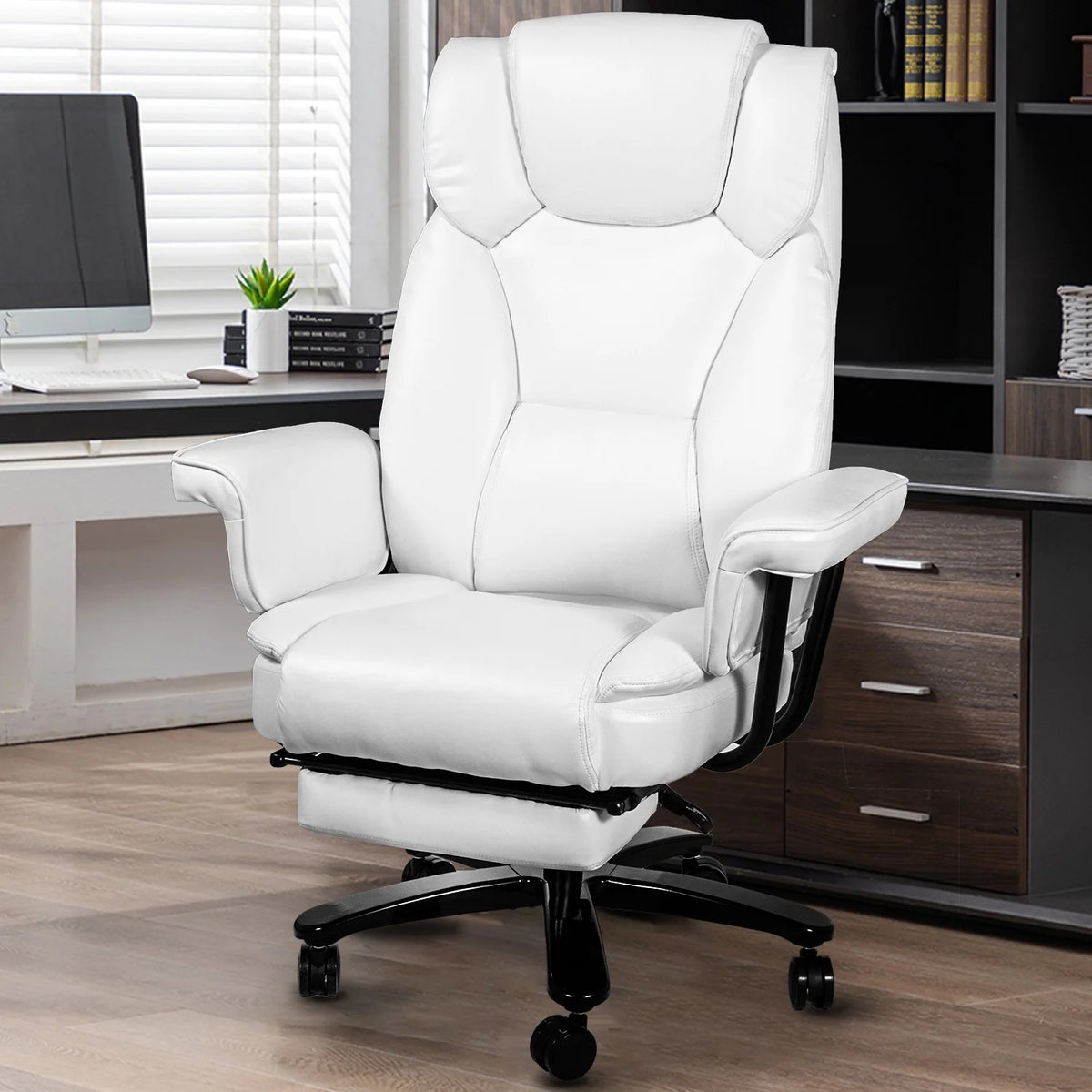 White Ergonomic PU Leather Reclining Office Chair with Footrest K197