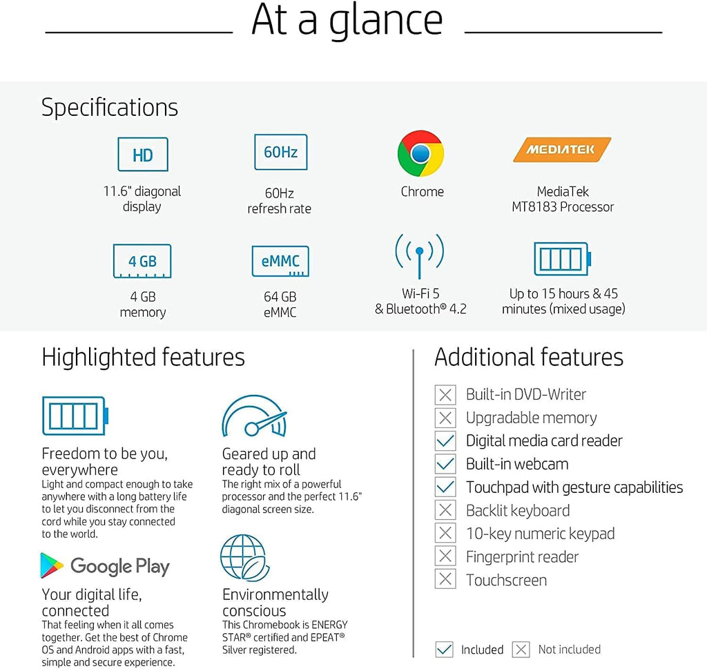11.6 HD Anti-Glare Chromebook, 4GB RAM, 128GB Storage C166