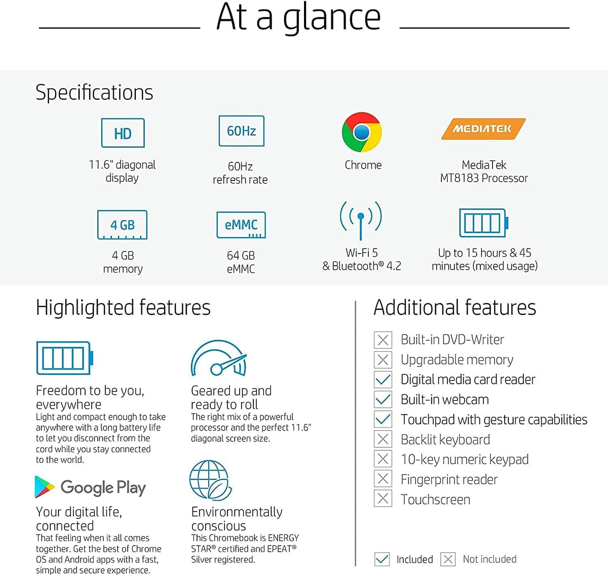 11.6 HD Anti-Glare Chromebook, 4GB RAM, 128GB Storage C166