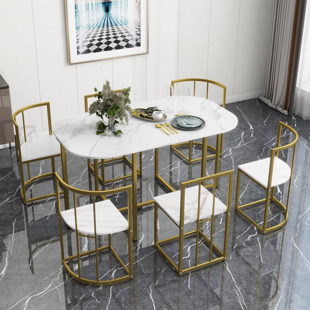 7-Piece Faux Marble Dining Table Set B938682
