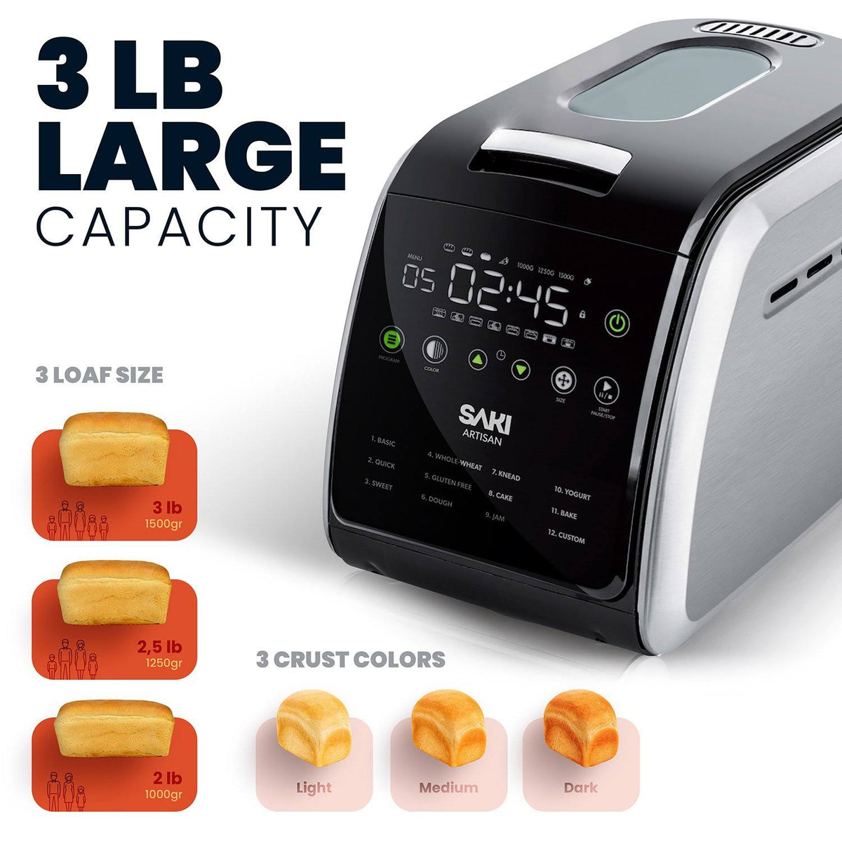 12 In 1 Programmable Bread Maker With Nonstick Pan, 3.3 LBS Capacity P6547