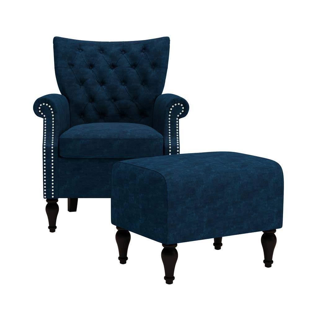 Navy Blue Velvet Tufted Rolled Arm Chair and Ottoman Set X47574