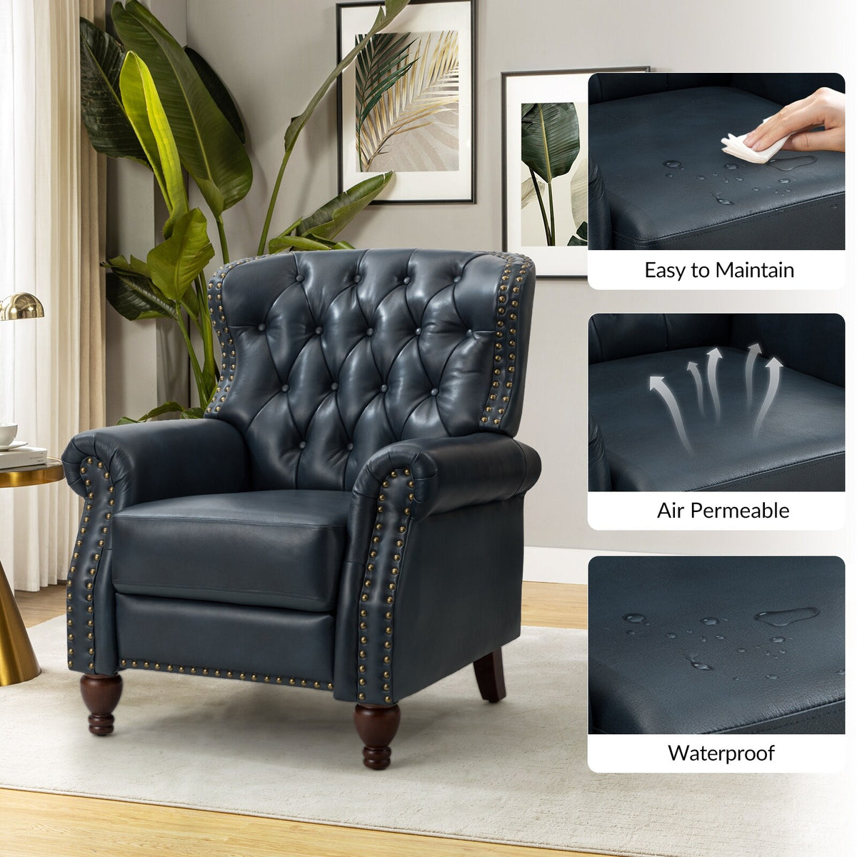 Navy Genuine Leather Tufted Manual Recliner Set of 2 Q10436