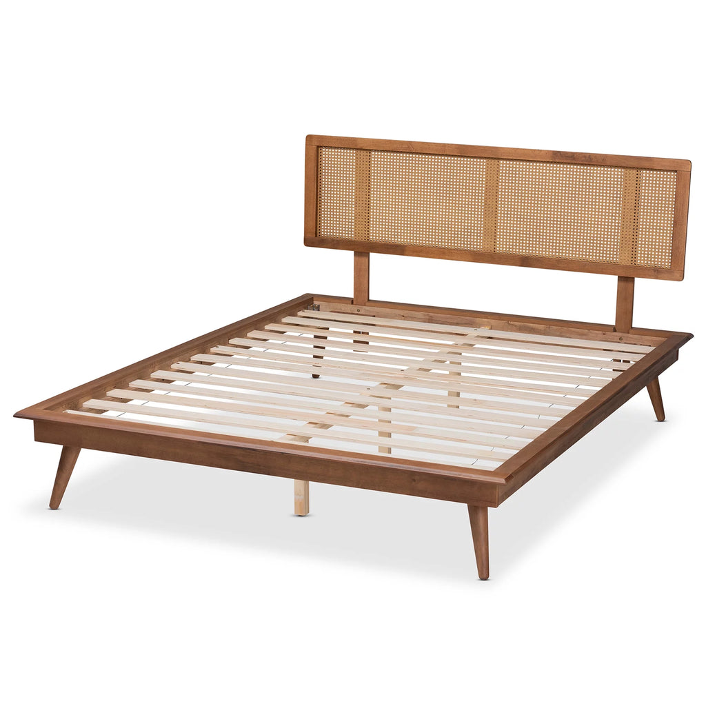 Walnut Brown Wood and Synthetic Rattan Full Size Platform Bed L905