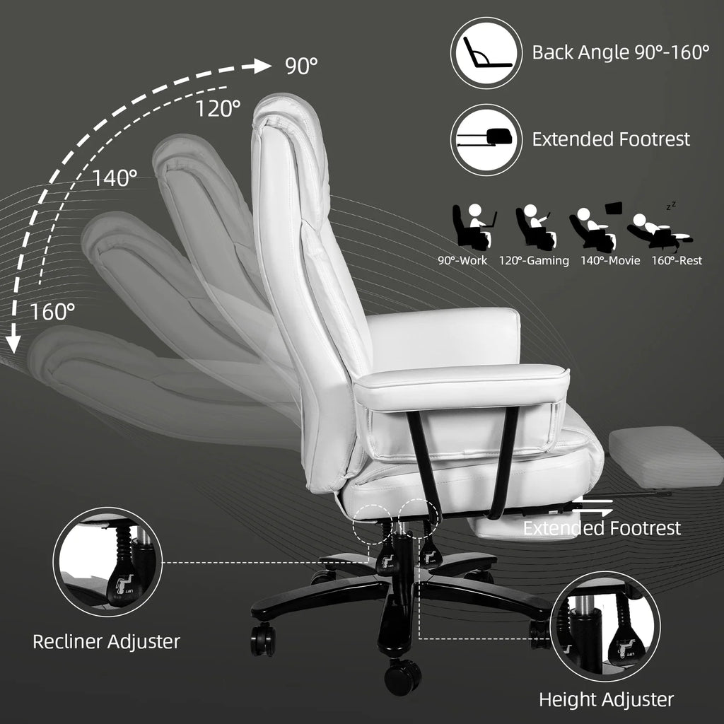 White Ergonomic PU Leather Reclining Office Chair with Footrest K197