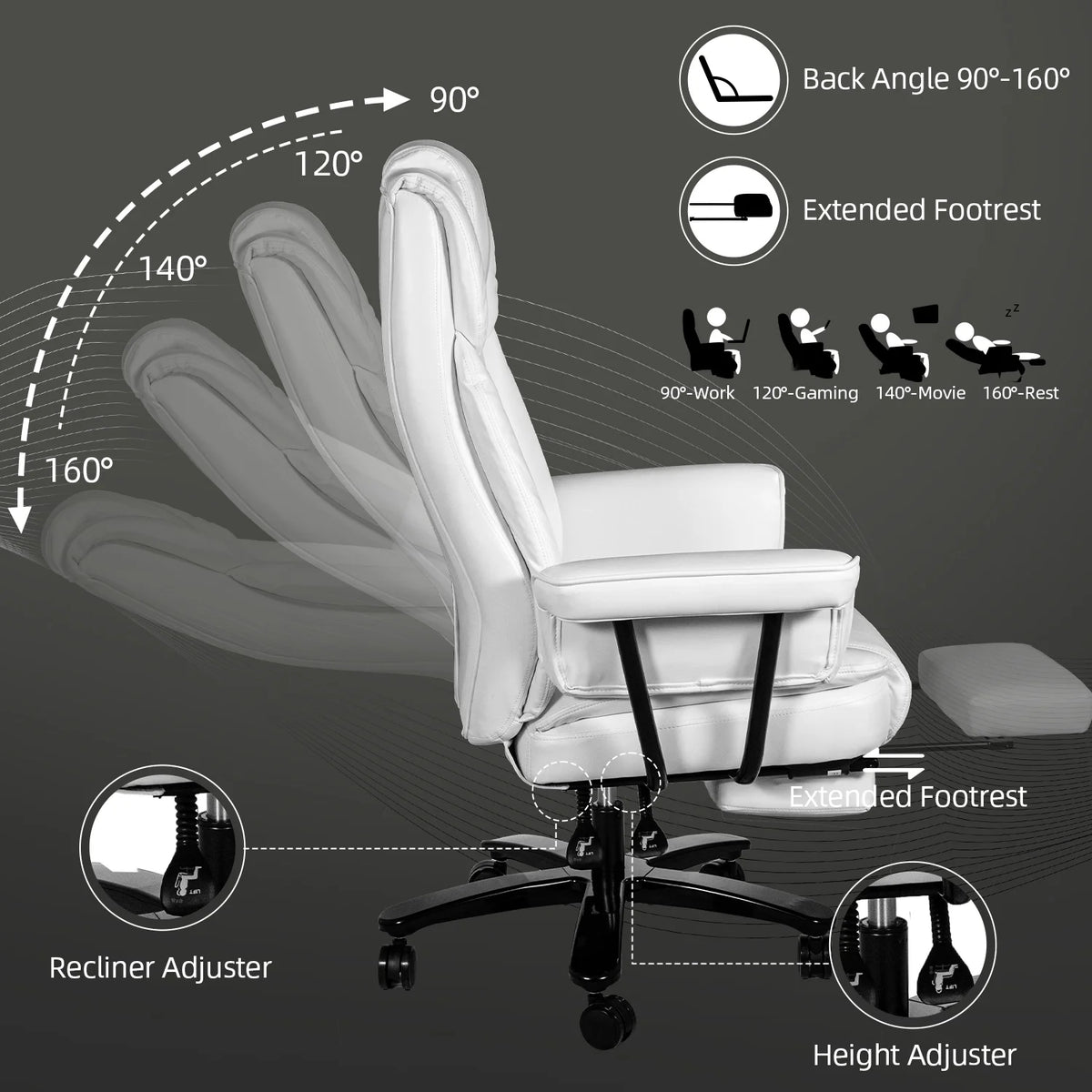 White Ergonomic PU Leather Reclining Office Chair with Footrest K197