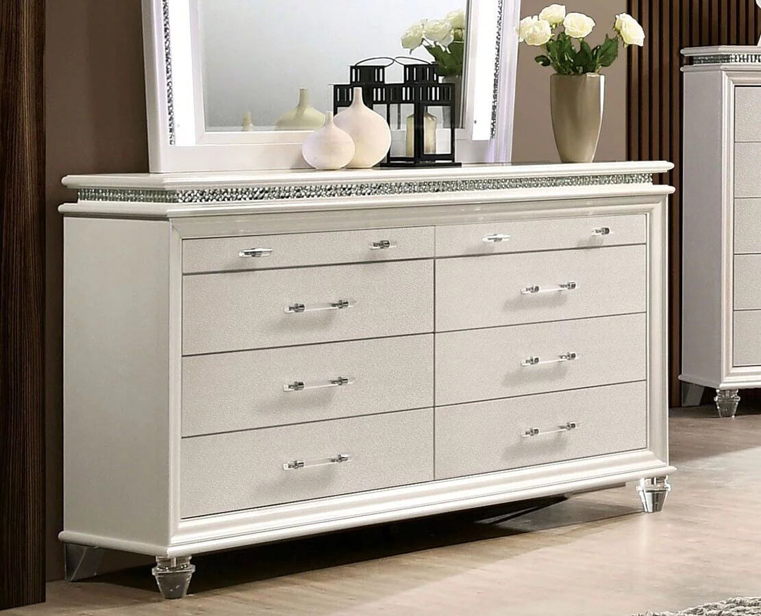 Pearl White 4pc Queen Size Bedroom Set Dresser Mirror Nightstand F472