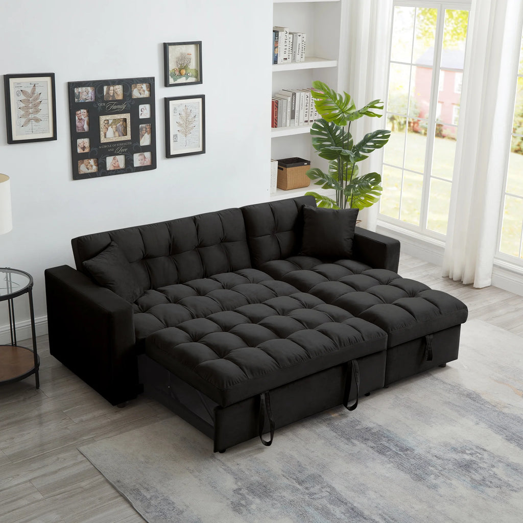 84" Black Velvet Convertible Sleeper Sofa with Storage Chaise K6691