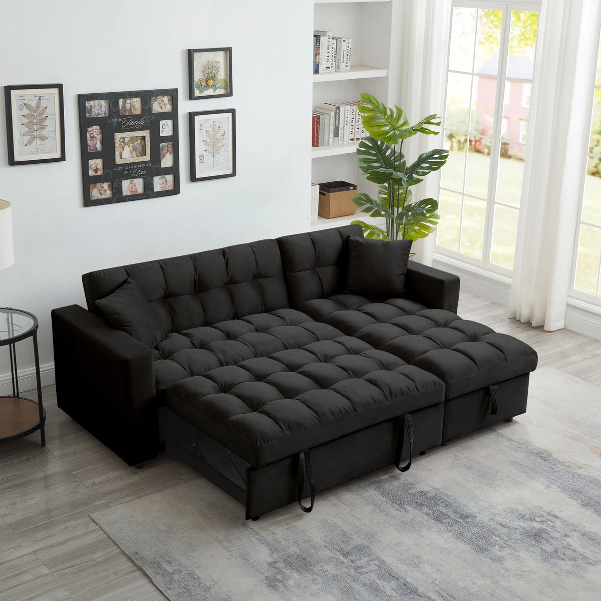 84" Black Velvet Convertible Sleeper Sofa with Storage Chaise K6691