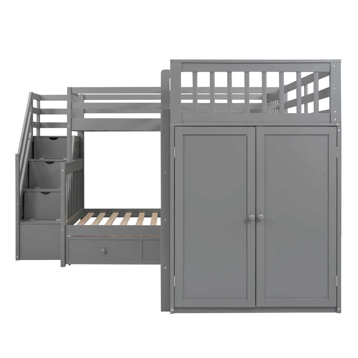 Twin-Twin Over Full L-Shaped Bunk Bed with Wardrobe and Desk V8778