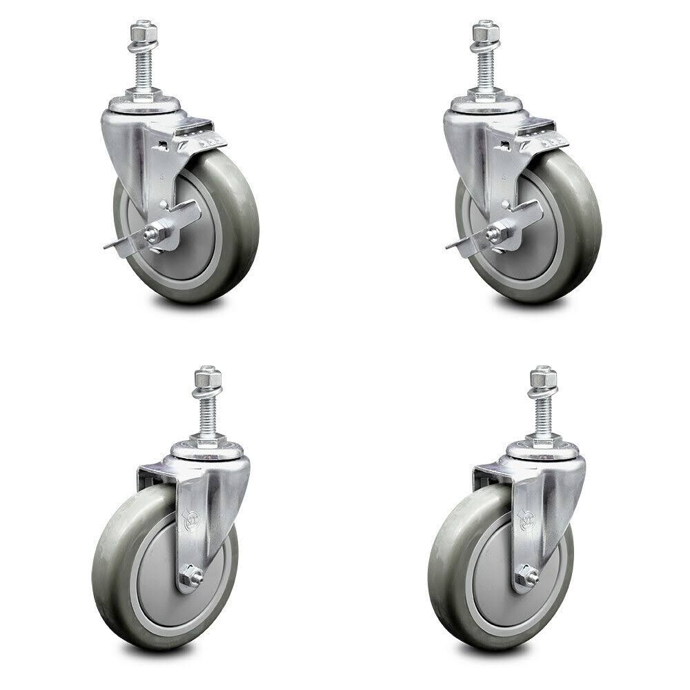 Polyurethane Swivel Threaded Stem Caster Set of 4, 5 inch Gray Wheels O376