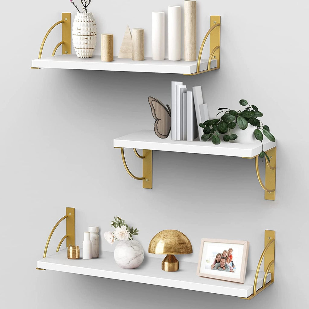 White Floating Wall Shelves Set of 3 with Metal Brackets L8586