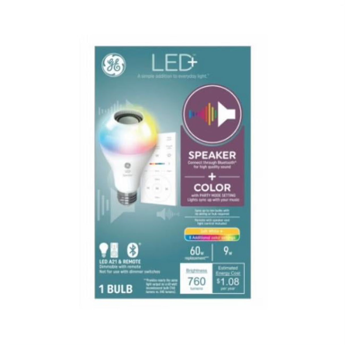 LED+ Speaker Light Bulb with Remote, Multicolor, A21, 9 Watt E787