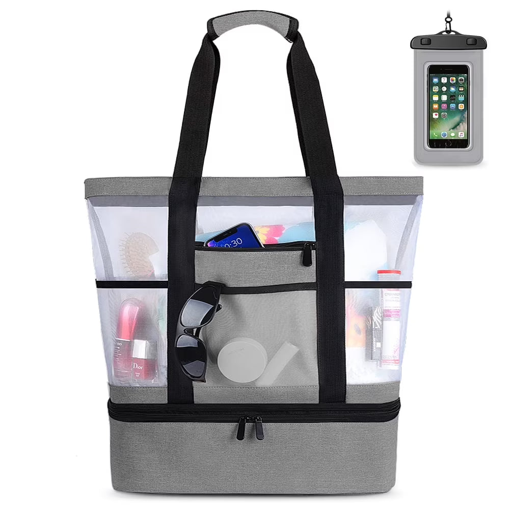 Gray Mesh Beach Tote with Zipper and Detachable Cooler A228223