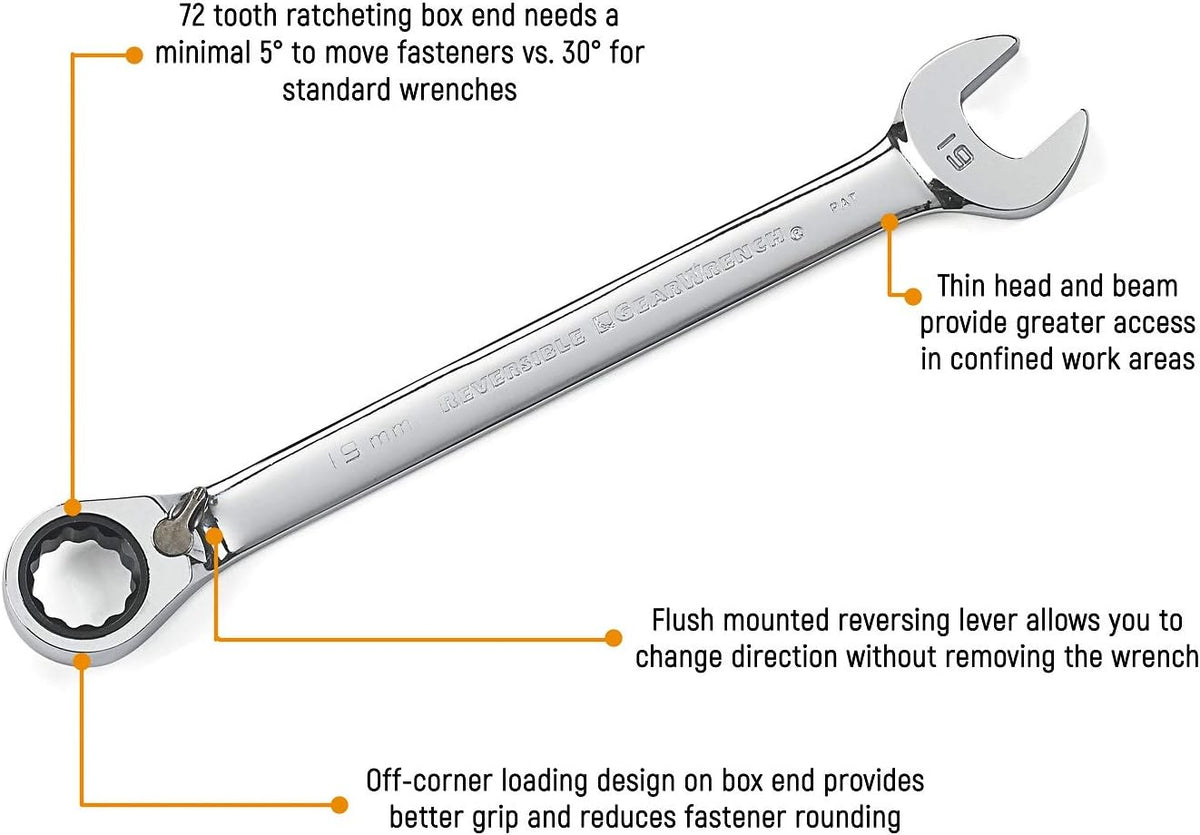8 Pc. 12 Pt. Reversible Ratcheting Combination Wrench Set, Metric K743