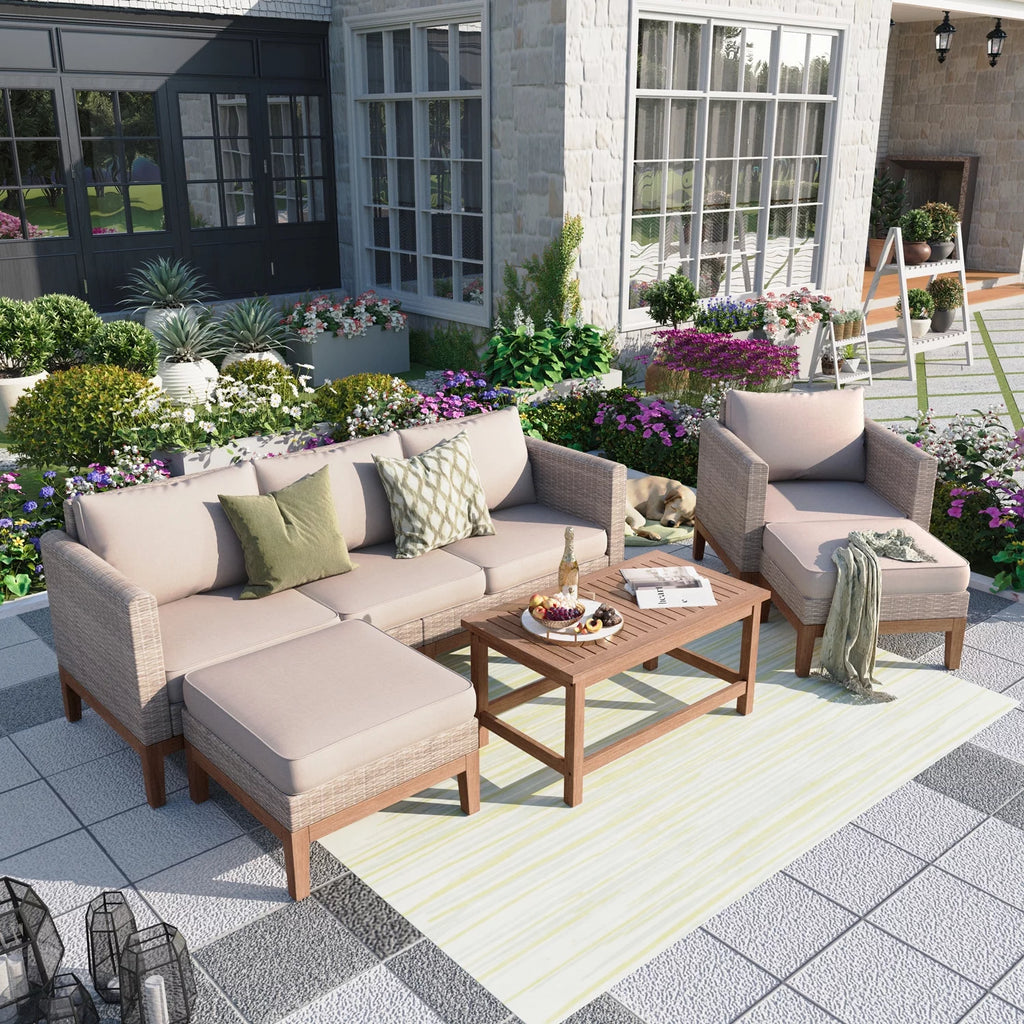 5 Pieces Wicker Patio Conversation Set with Acacia Wood Frame T329