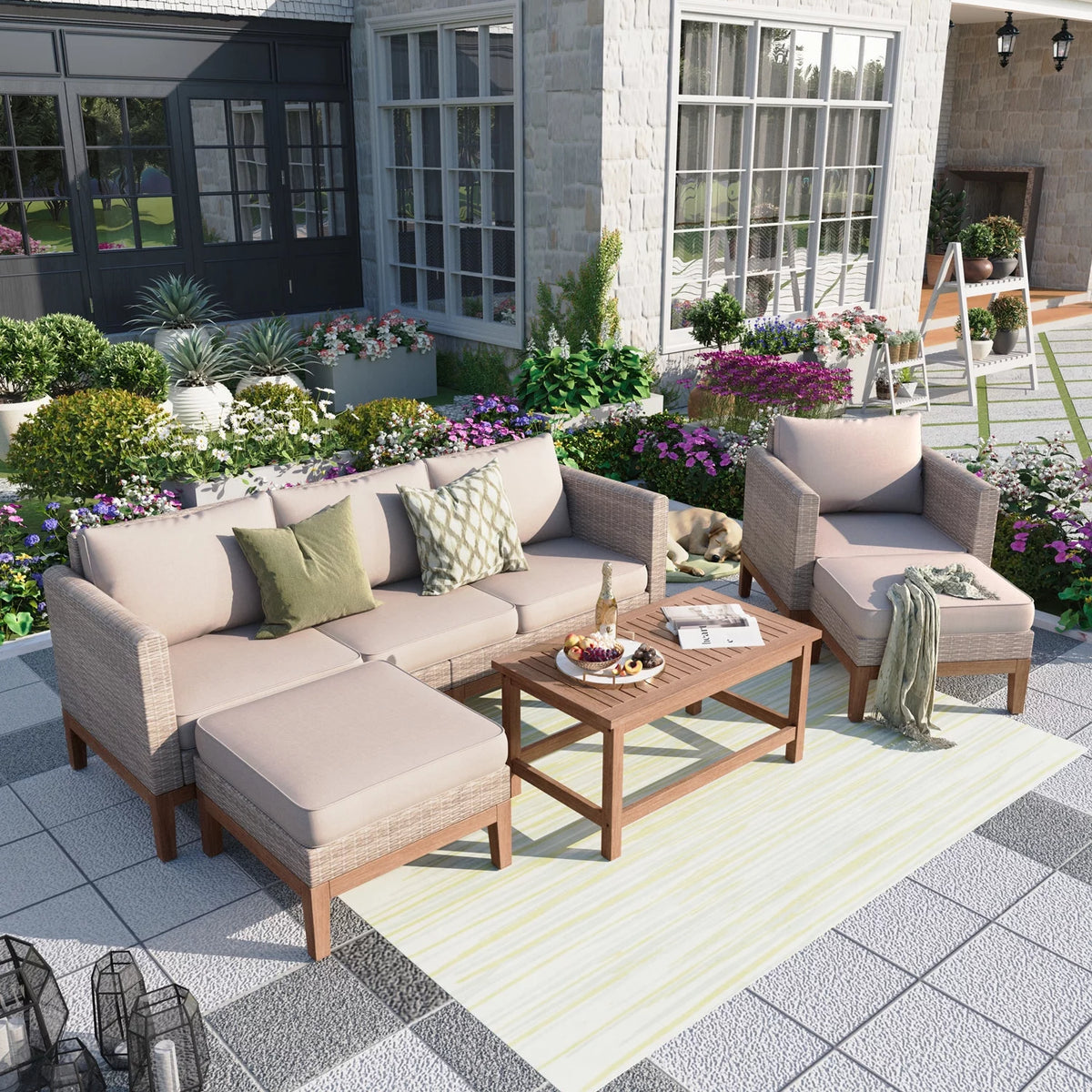 5 Pieces Wicker Patio Conversation Set with Acacia Wood Frame T329
