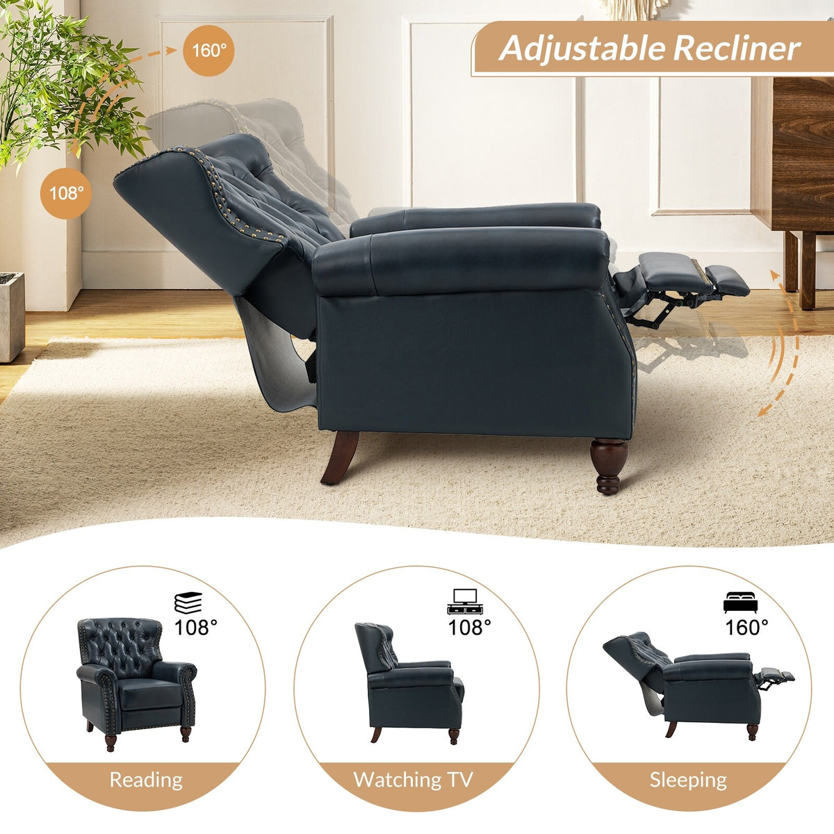 Navy Genuine Leather Tufted Manual Recliner Set of 2 Q10436