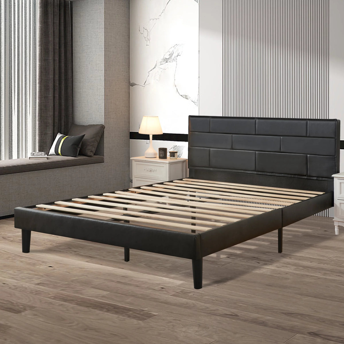 King Platform Bed Frame with PU Leather Upholstered Headboard E201769