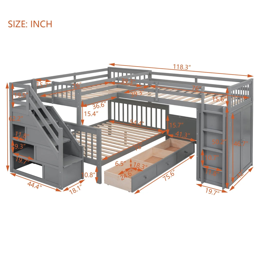 Twin-Twin Over Full L-Shaped Bunk Bed with Wardrobe and Desk V8778