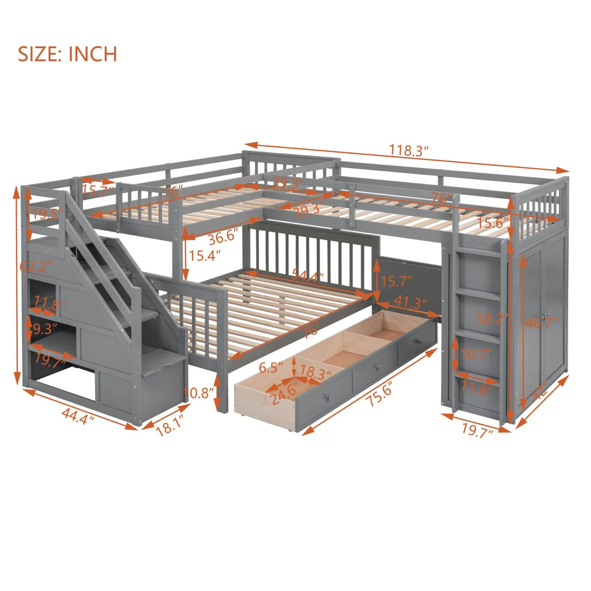 Twin-Twin Over Full L-Shaped Bunk Bed with Wardrobe and Desk V8778