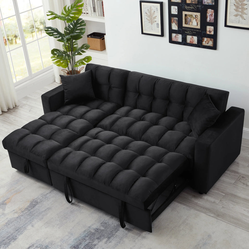 84" Black Velvet Convertible Sleeper Sofa with Storage Chaise K6691