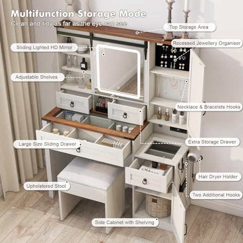 White 42" Glass Tabletop Vanity Desk with Mirror and Lights, 4 Drawers Q662