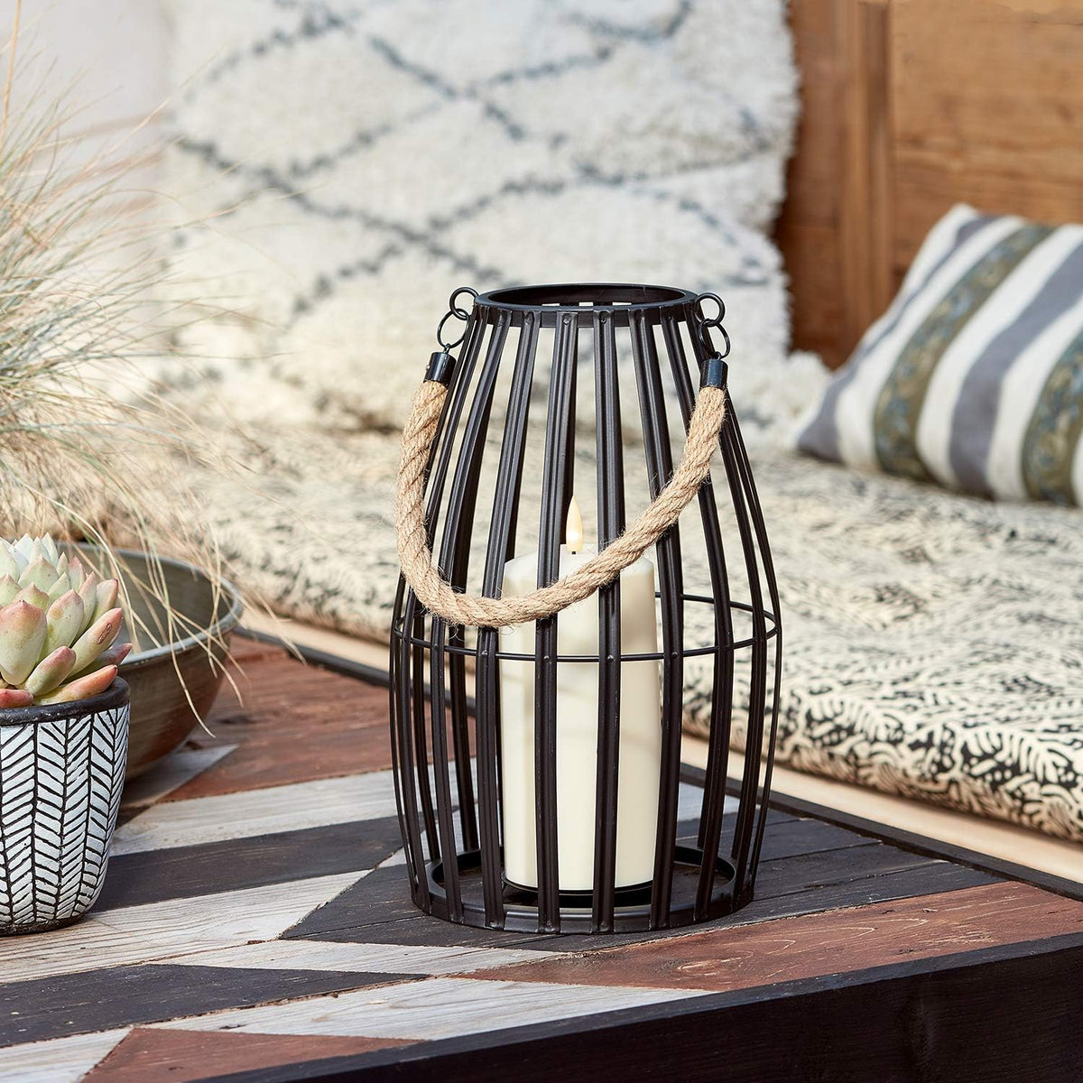 Black Slatted Metal LED Flameless Candle Lantern S8557