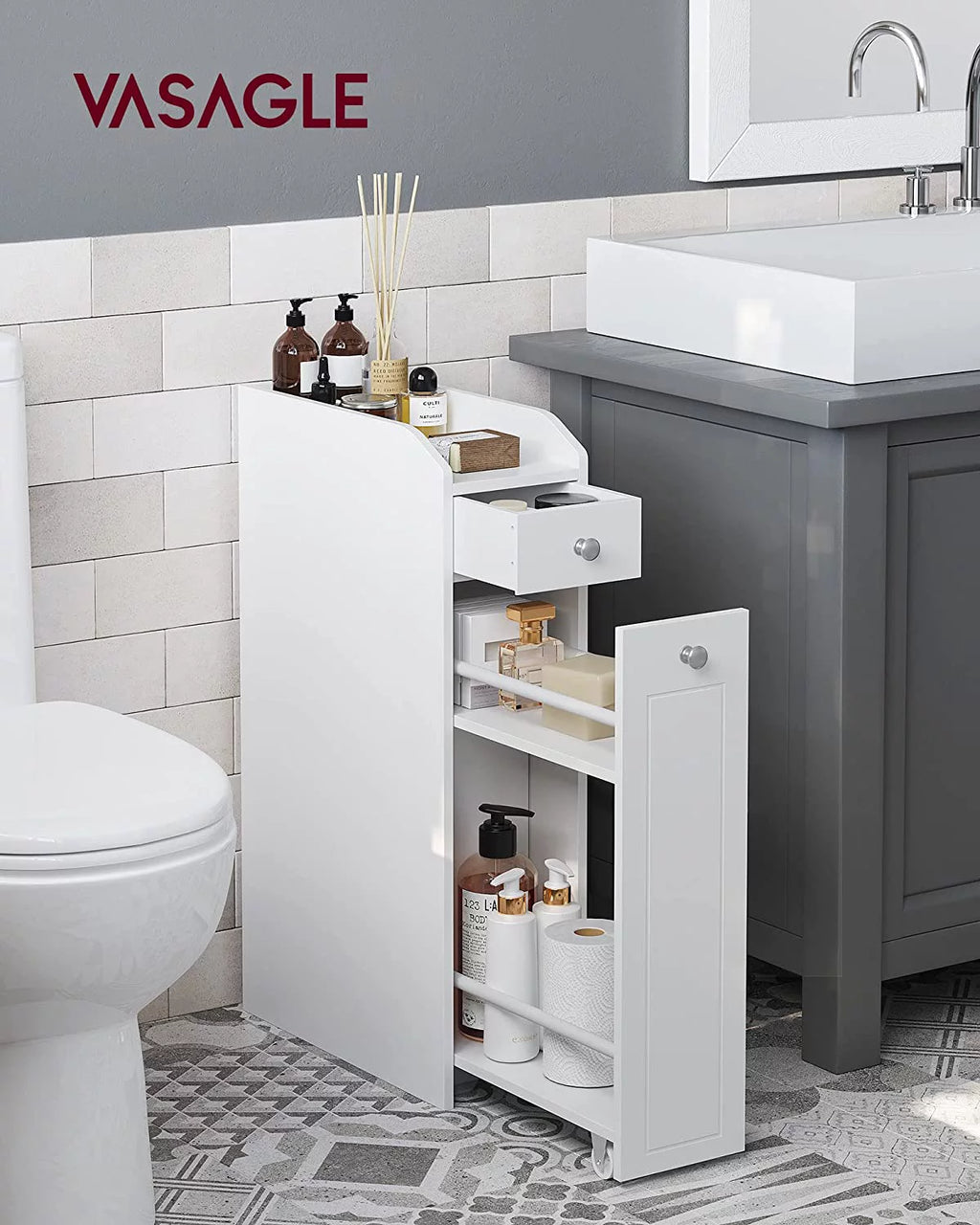 White Small Bathroom Storage Cabinet with Slide Out Drawers B5788