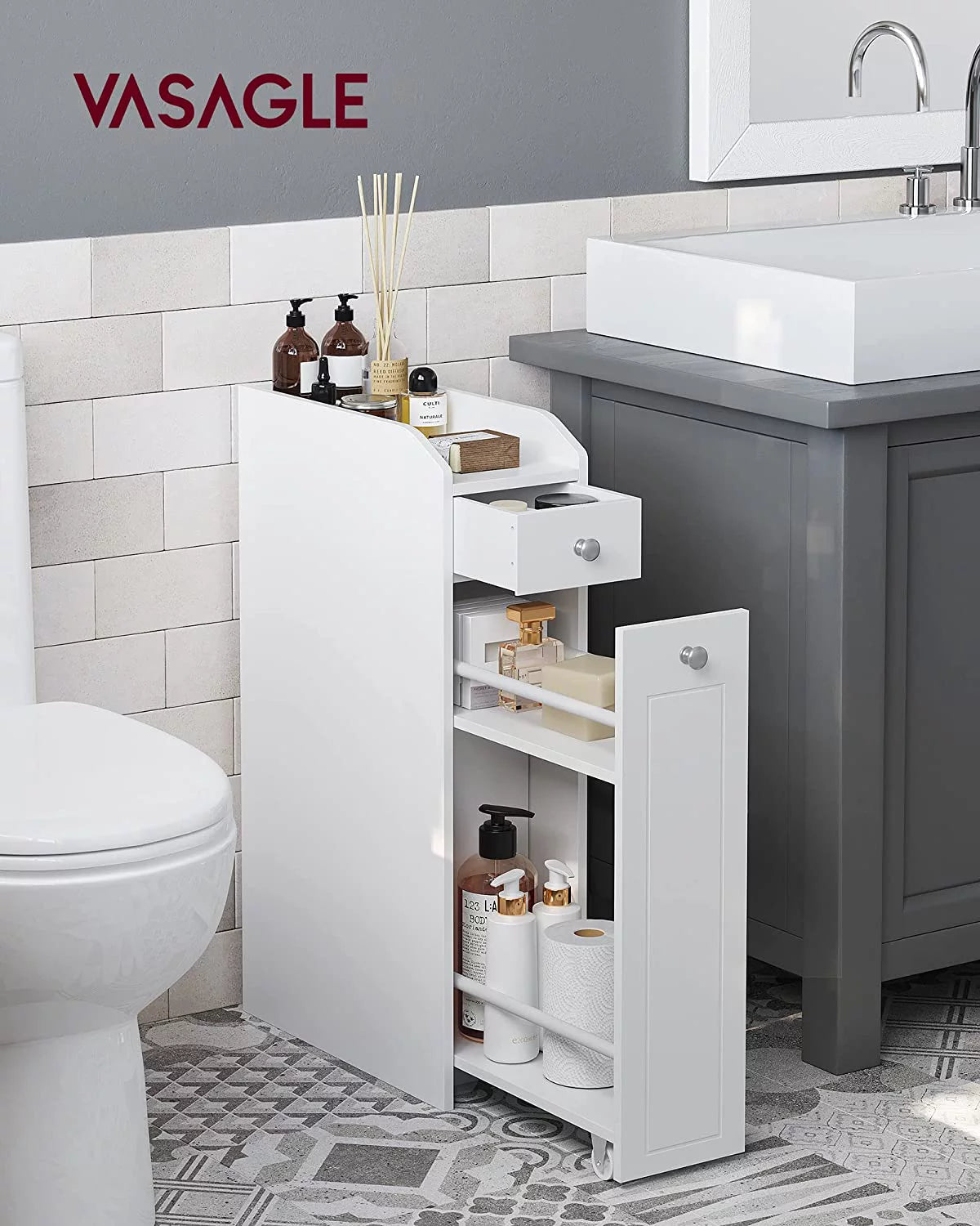 White Small Bathroom Storage Cabinet with Slide Out Drawers B5788