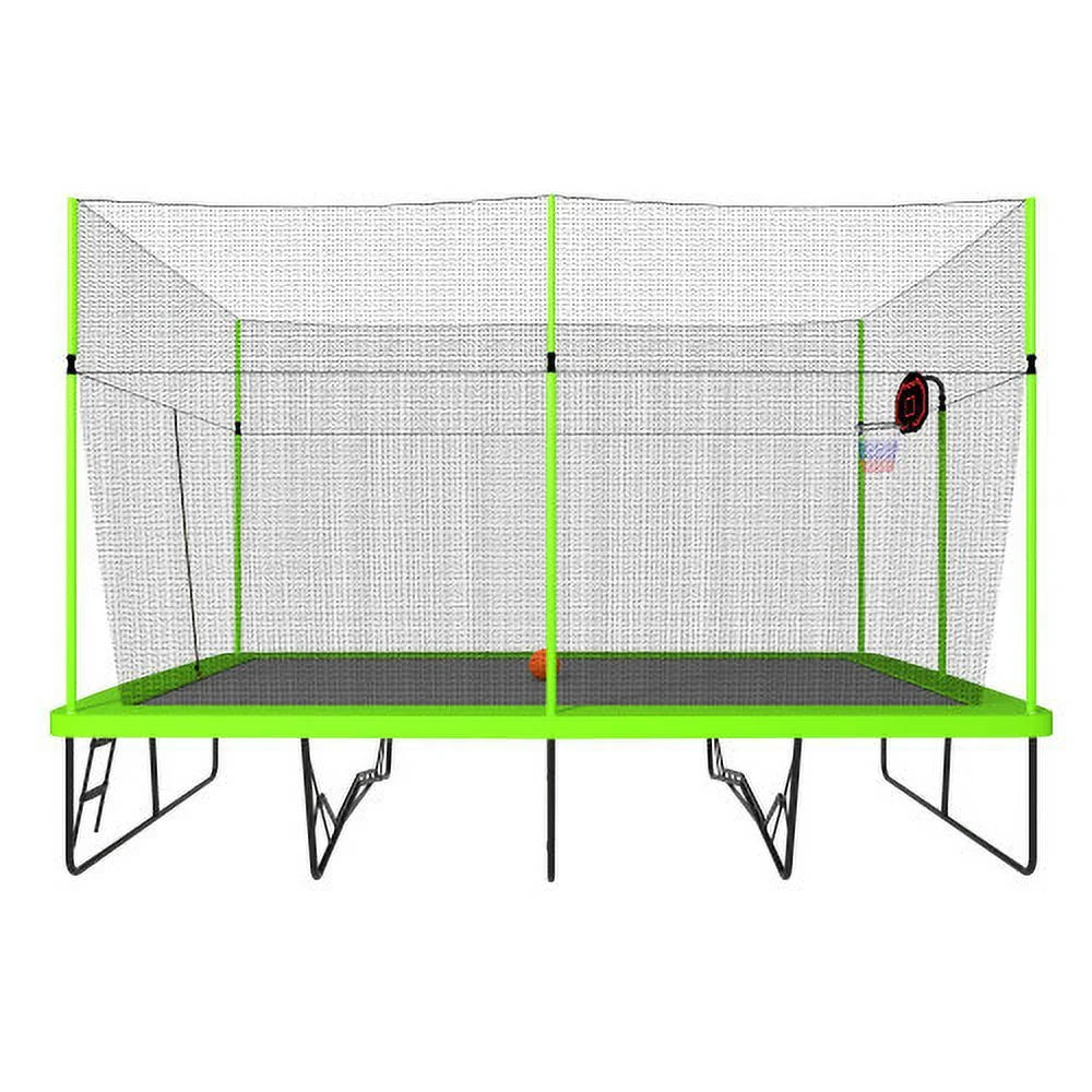 10ft by 17ft Rectangular Trampoline with Green Fabric Black Powder-coated Galvanized Steel Tubes with Basketball Hoop System B817