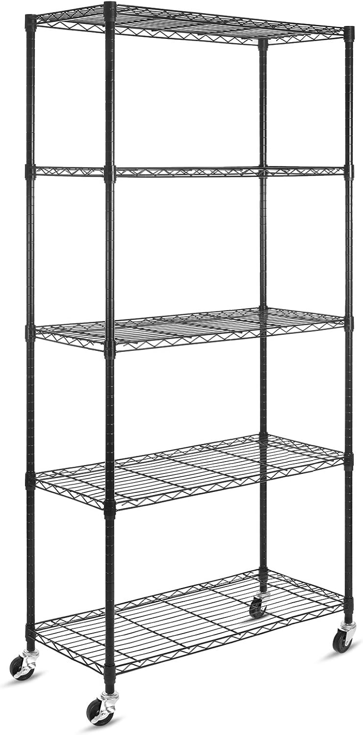 Black 5-Shelf Heavy Duty Metal Wire Shelving Unit on Wheels P72981