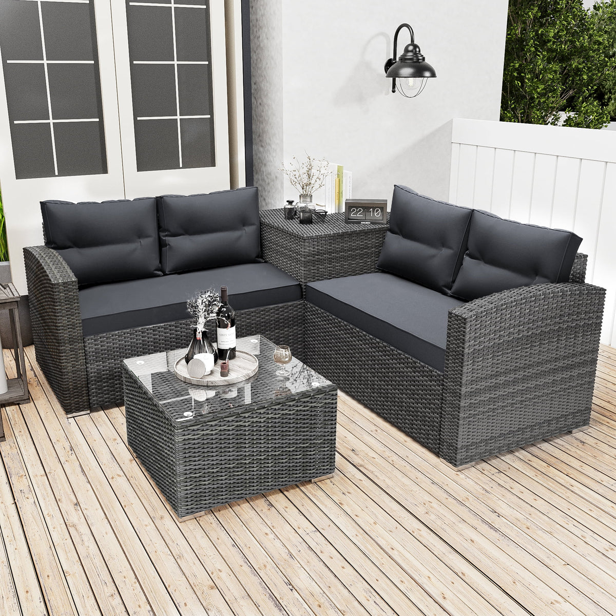 4Pcs All-Weather Rattan Wicker Patio Furniture Set with Storage Box & Table O595003