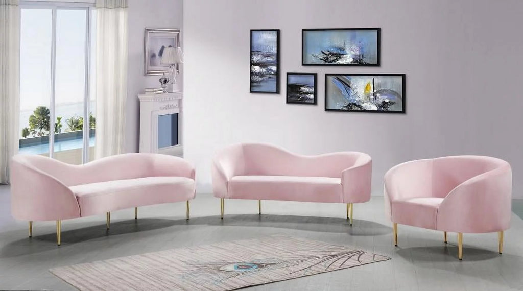 Pink Velvet Contemporary Sofa Loveseat & Chair 3Pcs F34697