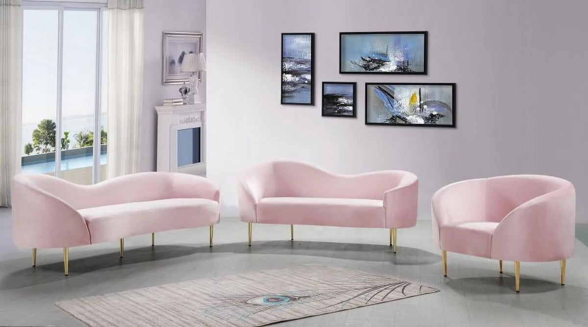 Pink Velvet Contemporary Sofa Loveseat & Chair 3Pcs F34697