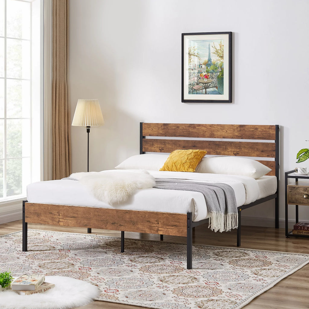 Queen Bed Frame with Wooden Headboard and Metal Slats J50116