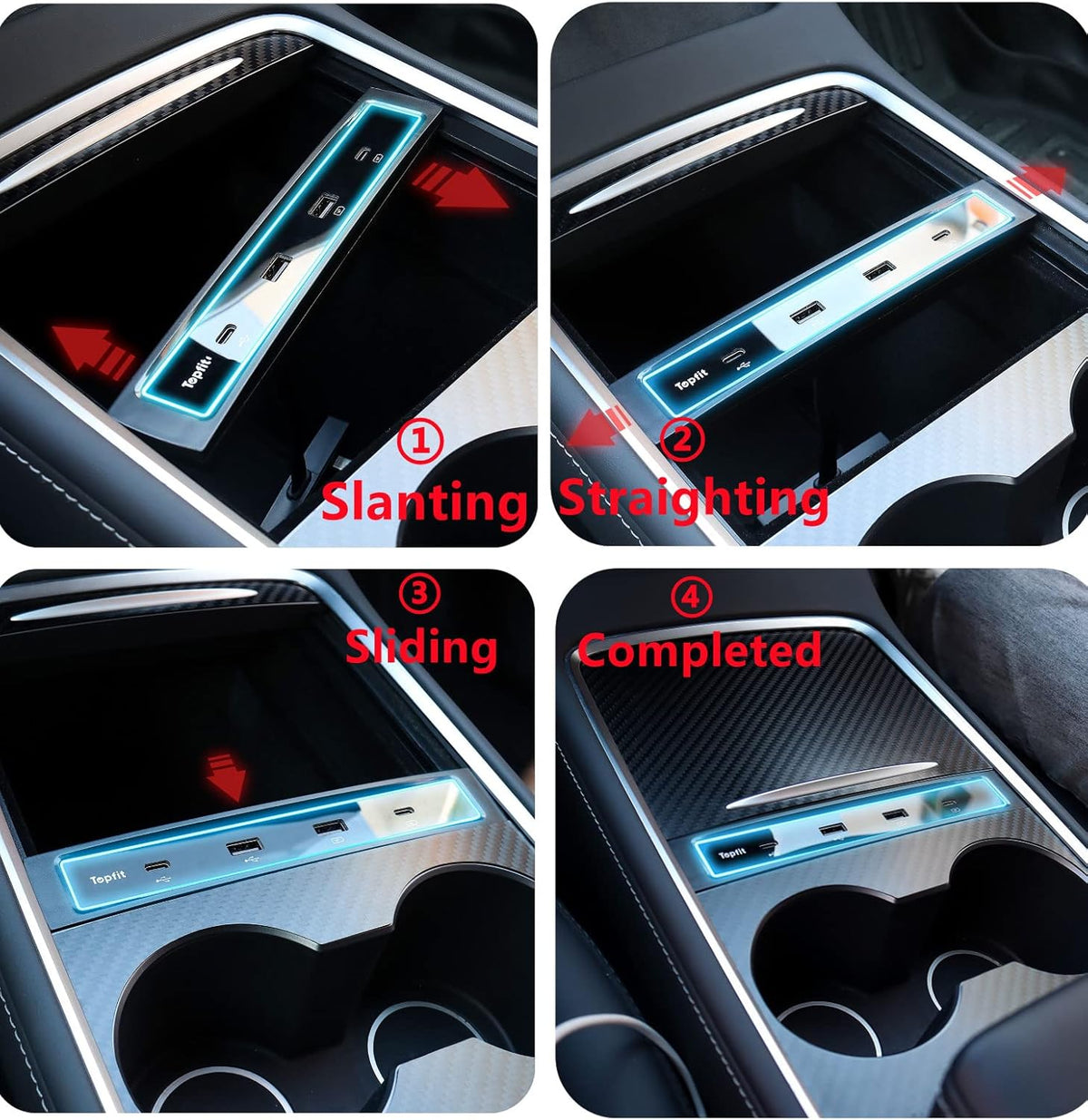 Black Pack of 2 USB Hub Center Console Adapter for Tesla Model Y Model 3 T385728